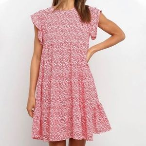 Women's Pink Ruffle Cap-Sleeve Flowy A-Line Floral Print Dress